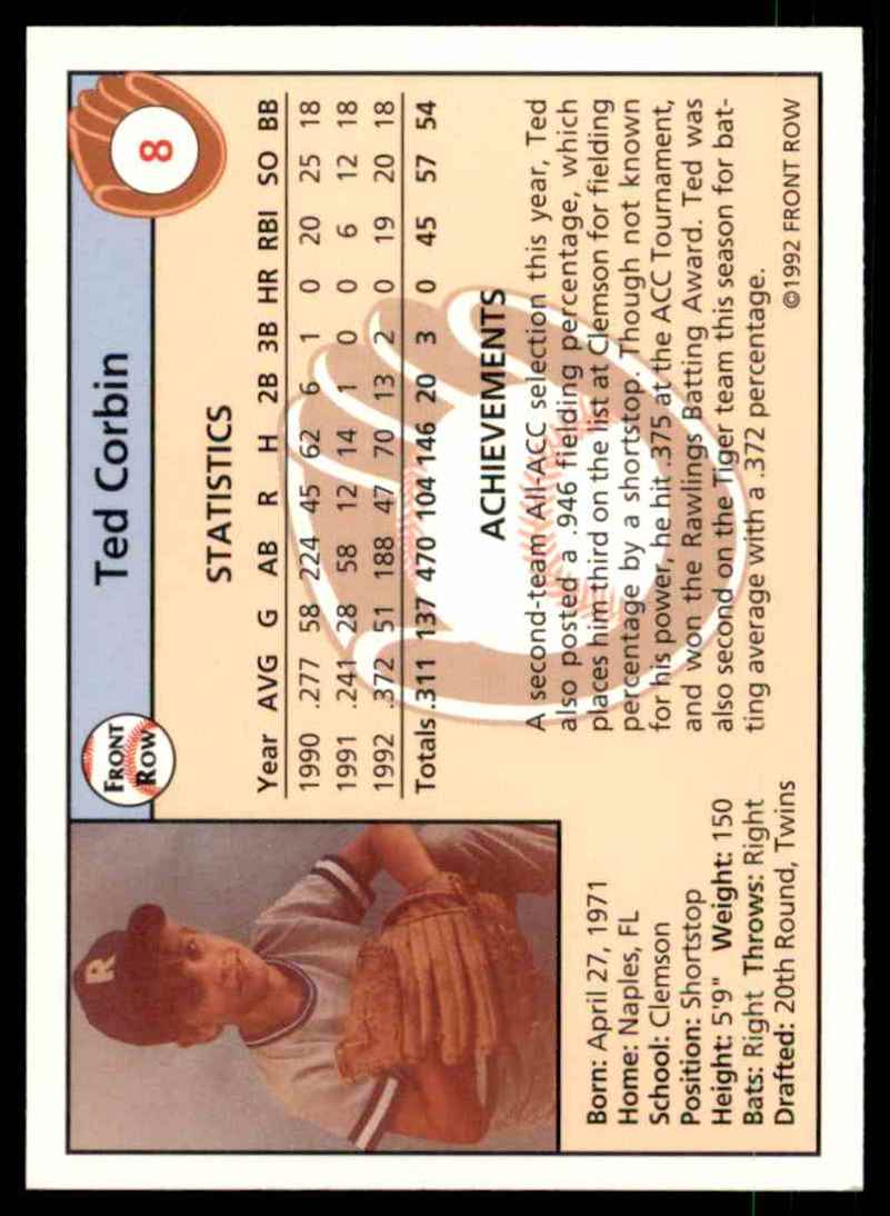 1992 Front Row Draft Picks Ted Corbin #8 card back image