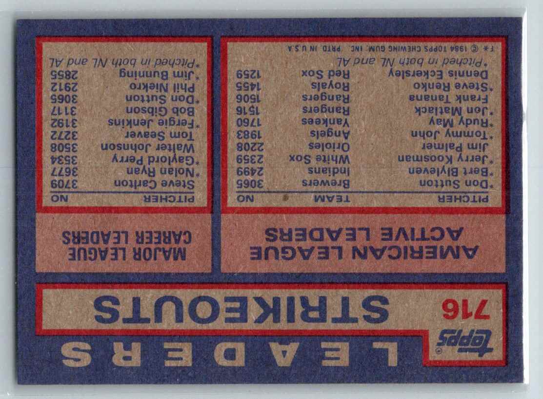1984 Topps AL Active Career Strikeout Leaders - Don Sutton/Bert Blyleven/Jerry Koosman ACL #716 card back image