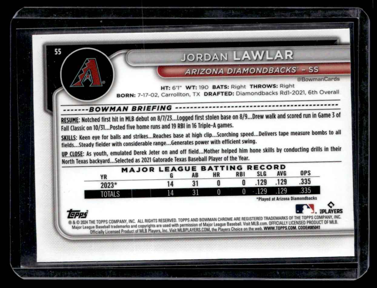 2024 Bowman Chrome Jordan Lawlar #55 card back image