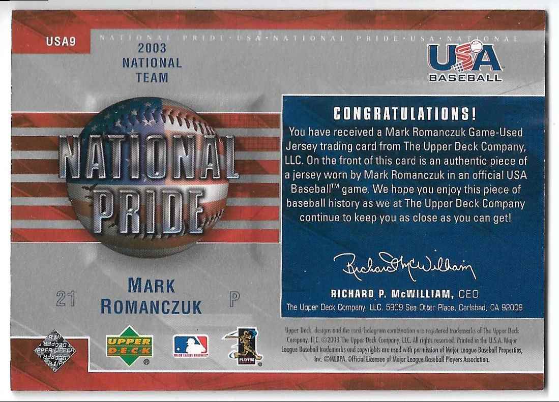 2004 Upper Deck National Pride USA Baseball Jerseys Mark Romanczuk #USA9 card back image