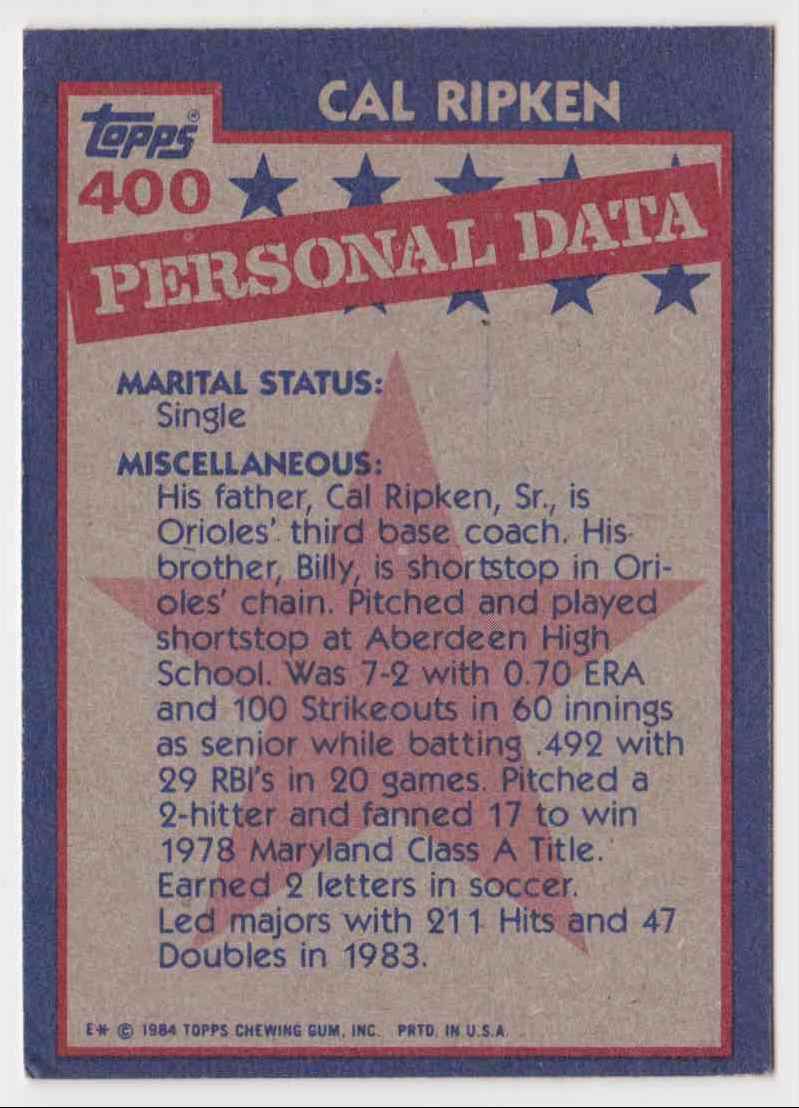 1984 Topps Base Cal Ripken #400 card back image