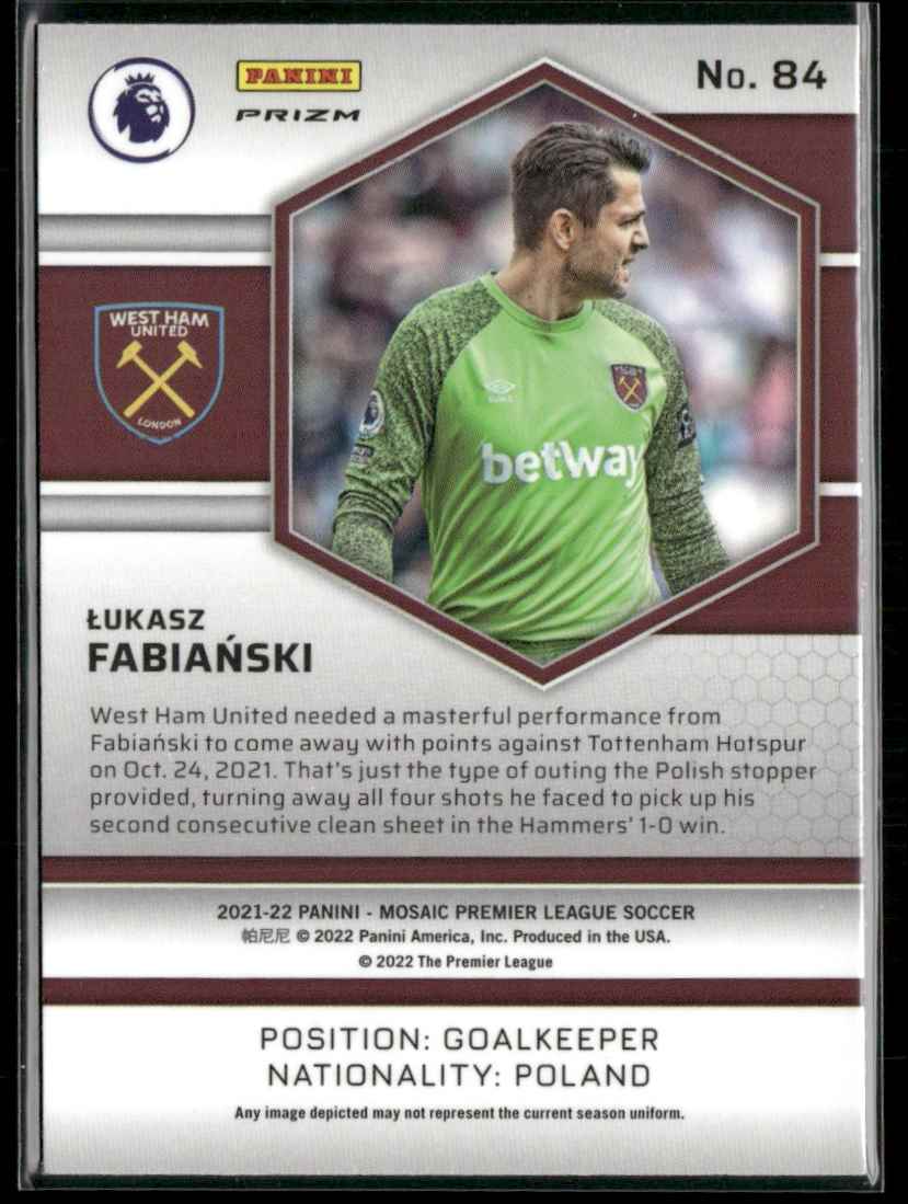 2021 Mosaic Premier League Silver Lukasz Fabianski #84 card back image