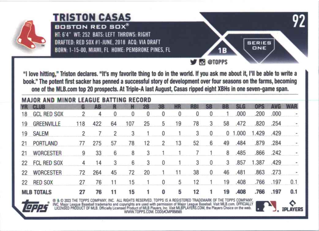 2023 Topps Triston Casas #92 card back image