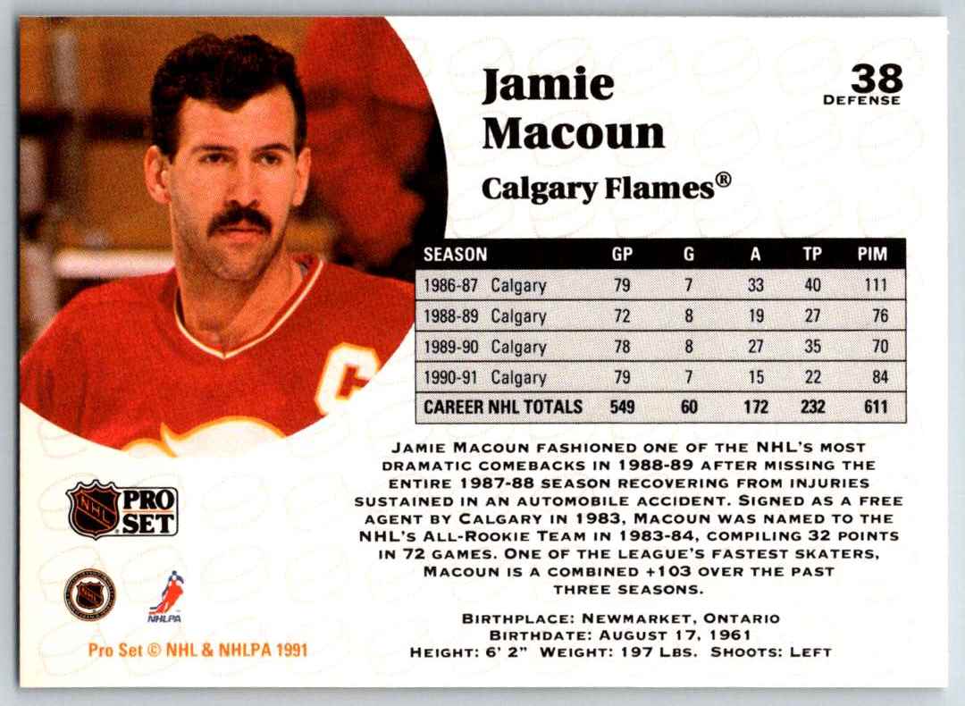 1991-92 Pro Set Jamie Macoun #38 card back image