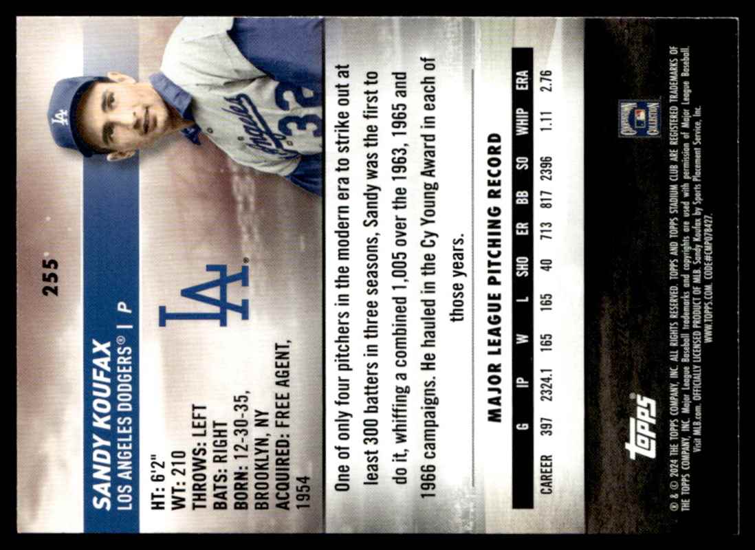 2024 Stadium Club Red Foil Sandy Koufax #255 card back image