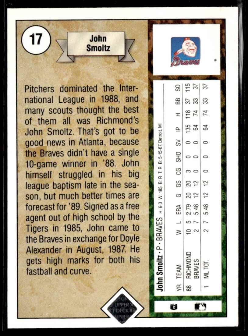 1989 Upper Deck John Smoltz #17 card back image