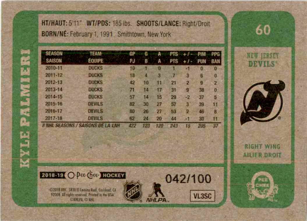 2018-19 O-Pee-Chee Retro Black Kyle Palmieri #60 card back image