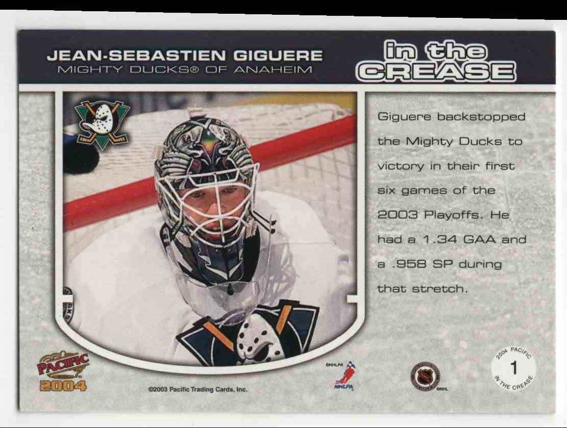 2003-04 Pacific In The Crease Jean-Sebastien Giguere #1 card back image