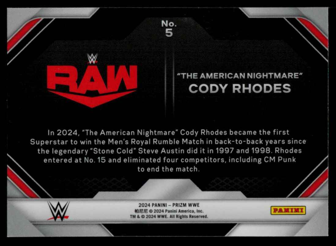 2024 Panini Prizm WWE Rumble Performances The American Nightmare Cody Rhodes #5 card back image