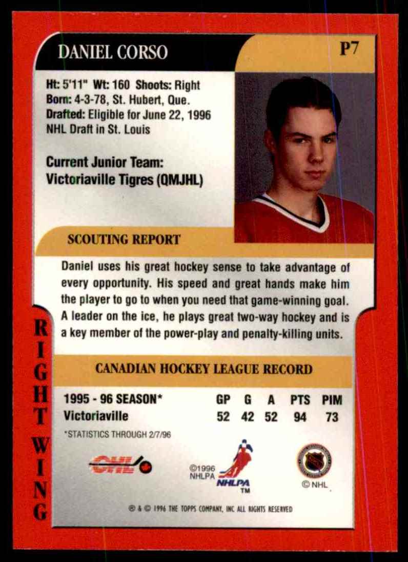 1995-96 Bowman Draft Prospects Daniel Corso #P7 card back image