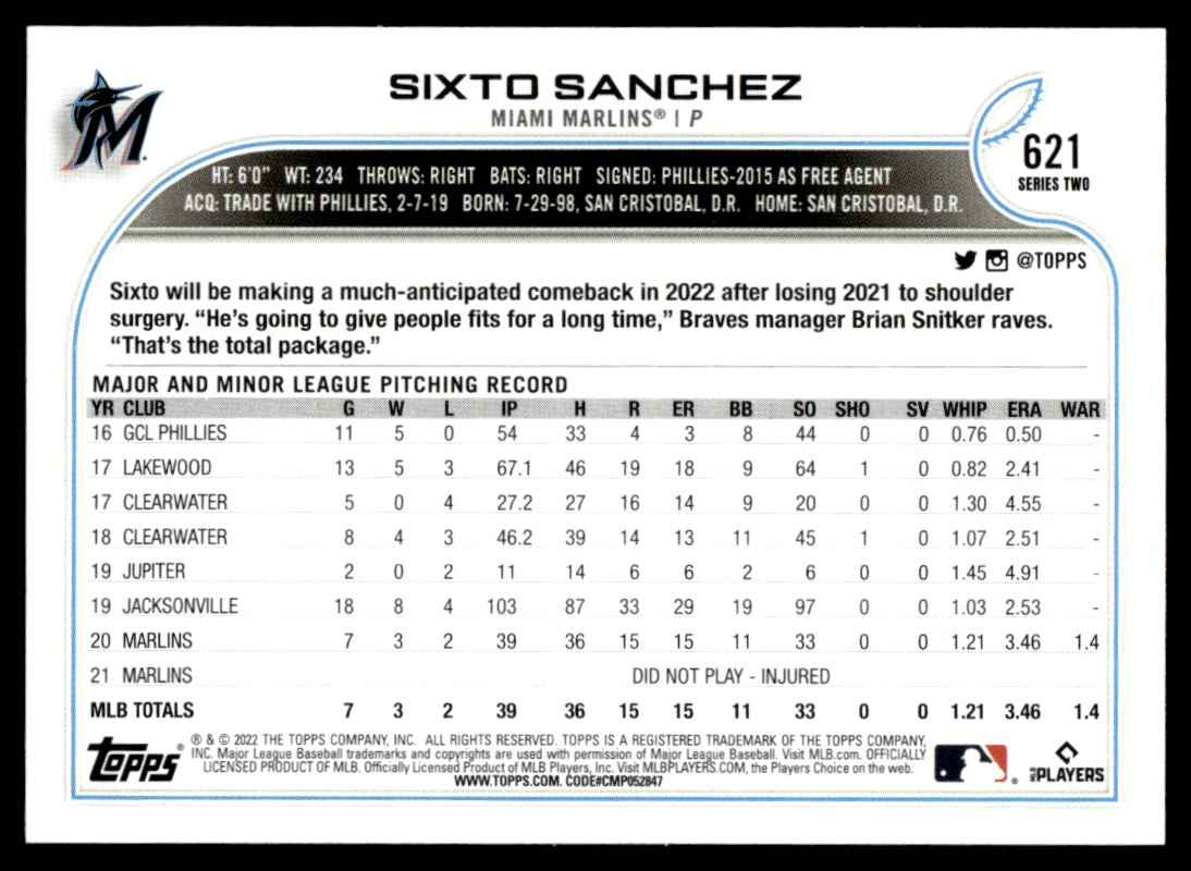 2022 Topps Sixto Sanchez #621 card back image