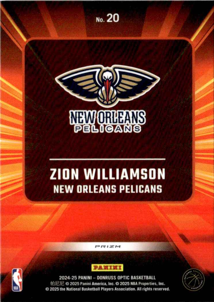 2024-25 Donruss Optic Express Lane Purple Prizm Zion Williamson #20 card back image
