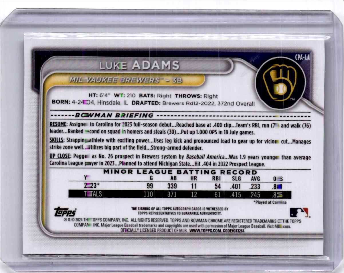 2024 Bowman Chrome Prospects Luke Adams #BCP-50 card back image