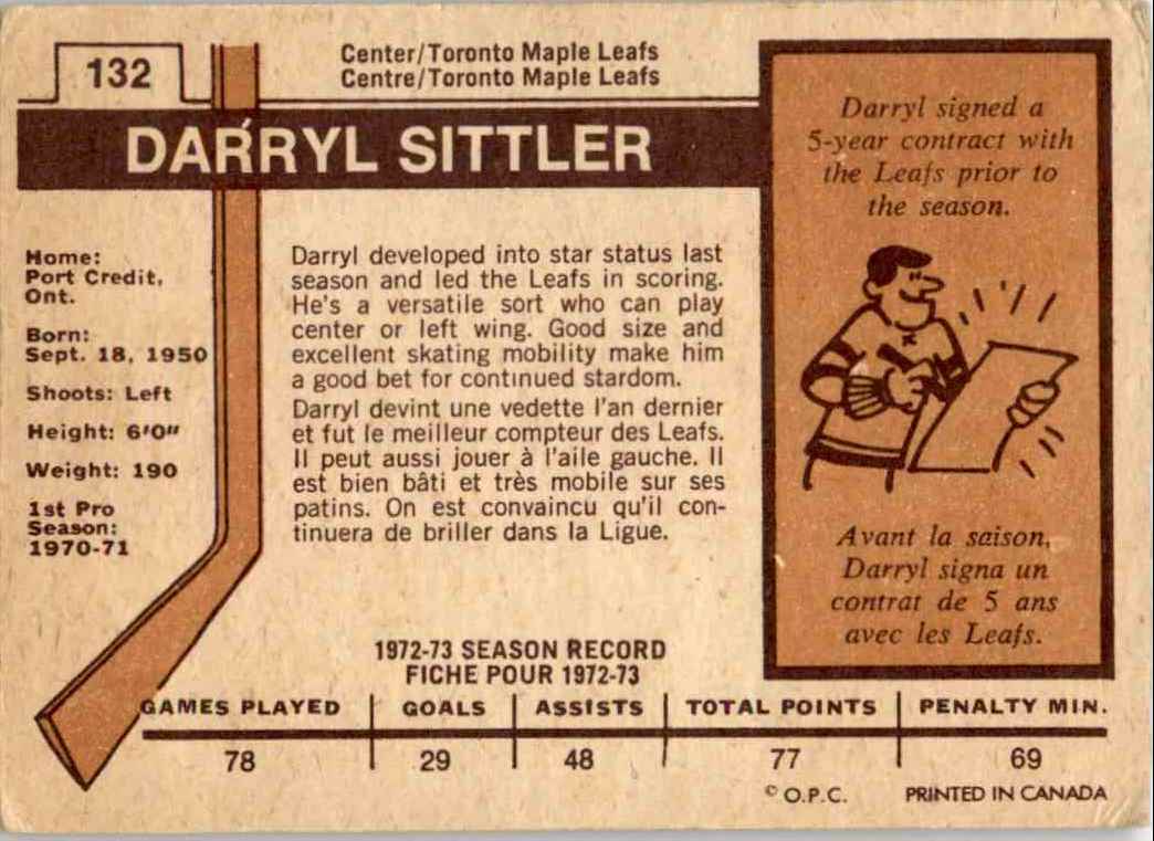 1973-74 O-Pee-Chee Darryl Sittler #132 card back image
