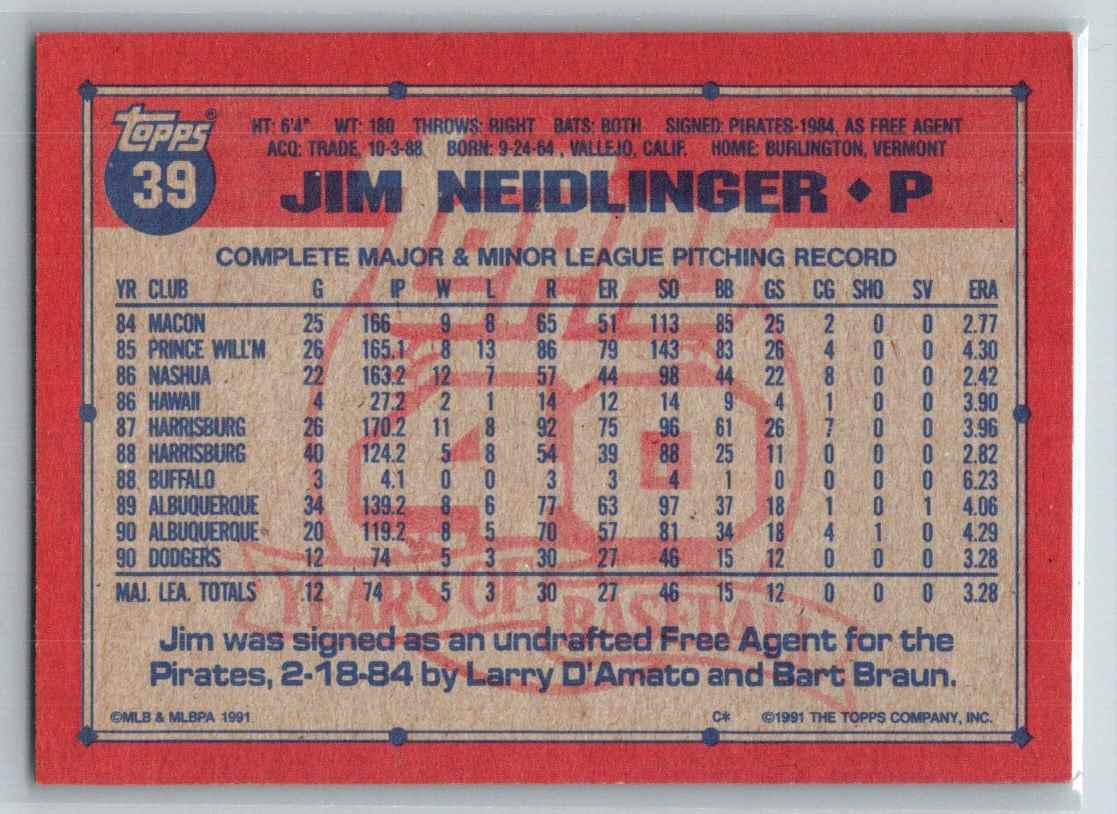 1991 Topps Jim Neidlinger #39 card back image