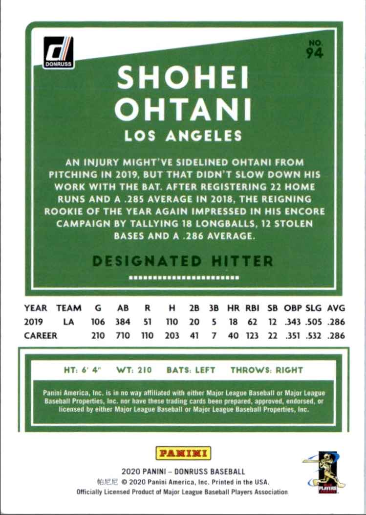 2020 Donruss Shohei Ohtani #94 card back image