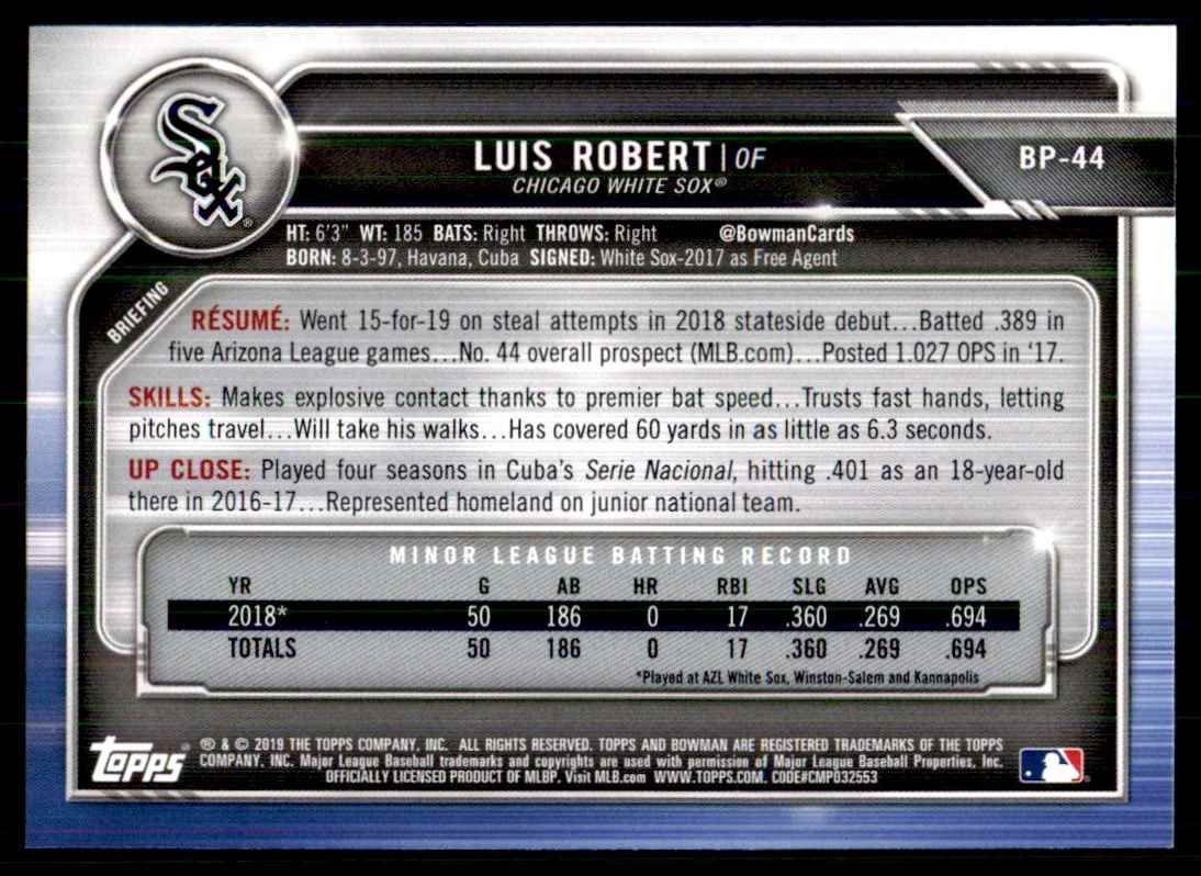 2019 Bowman Prospects Luis Robert #BP-44 card back image