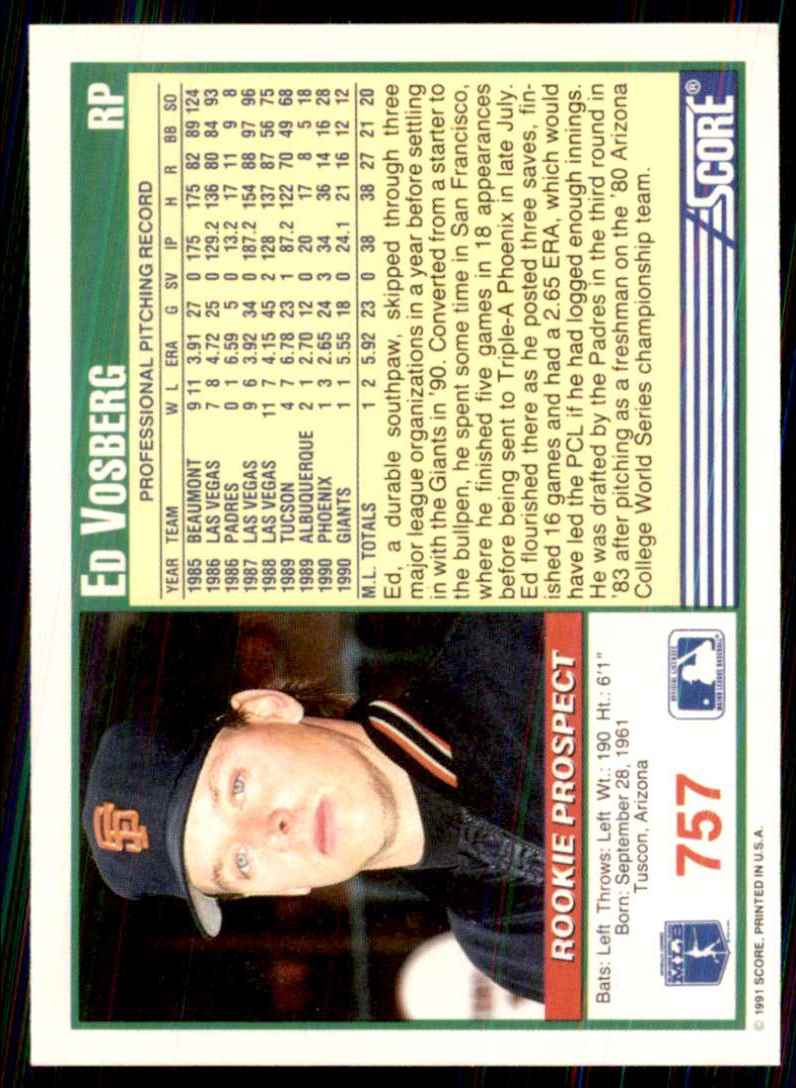 1991 Score Ed Vosberg RC #757 card back image