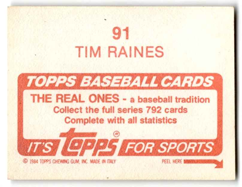 1984 Topps Stickers Tim Raines #91 card back image