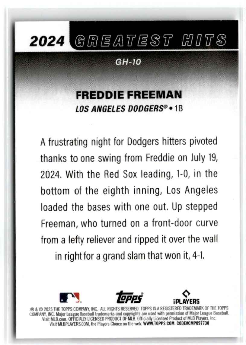 2025 Topps 2024's Greatest Hits Freddie Freeman #GH-10 card back image