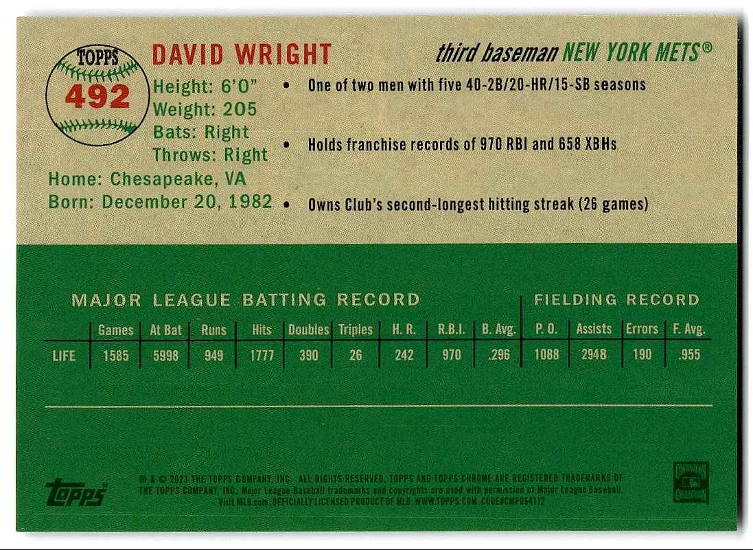 2023 TOPPS CHROME PLATINUM ANNIVERSARY TOPPS LOGO-FRACTOR David Wright #492 card back image