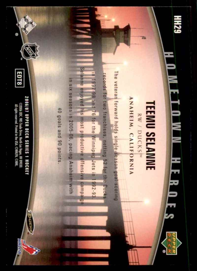 2006-07 Upper Deck Hometown Heroes Teemu Selanne #HH29 card back image