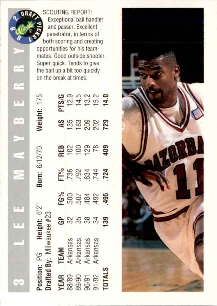 1992-93 Classic Draft Picks Lee Mayberry #3 card back image