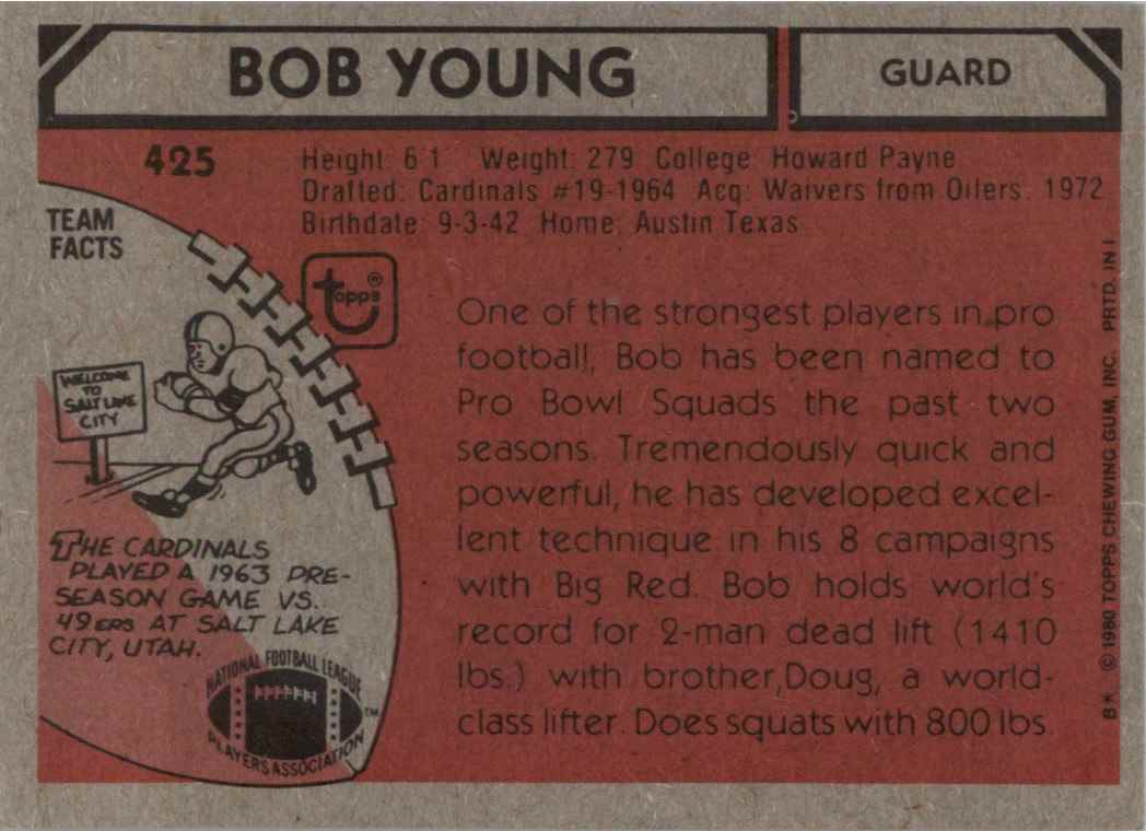 1980 Topps Bob Young #425 card back image