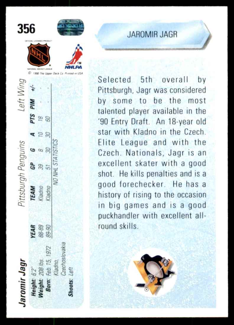 1990-91 Upper Deck Jaromir Jagr #356 card back image