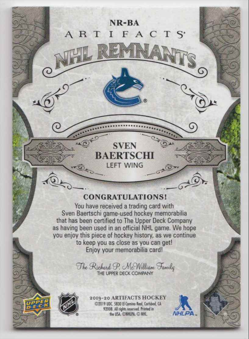 2019-20 Artifacts NHL Remnants Sven Baertschi #NR-BA card back image