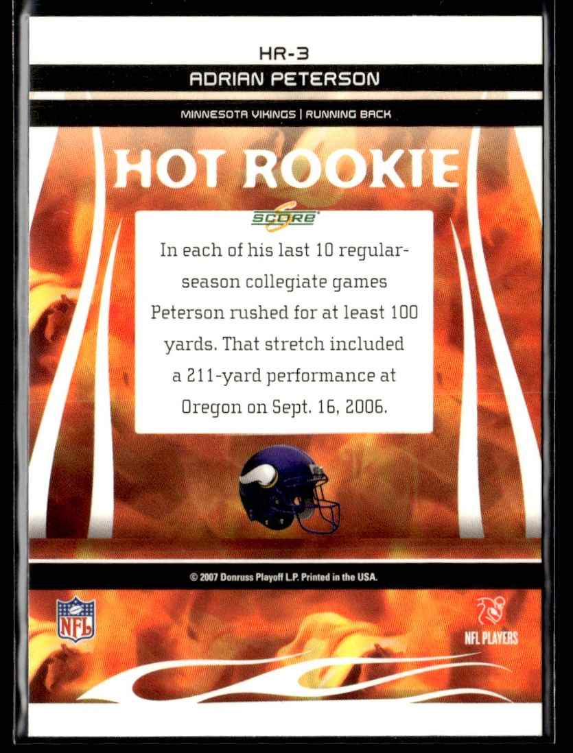 2007 Score Hot Rookies Adrian Peterson #HR-3 card back image