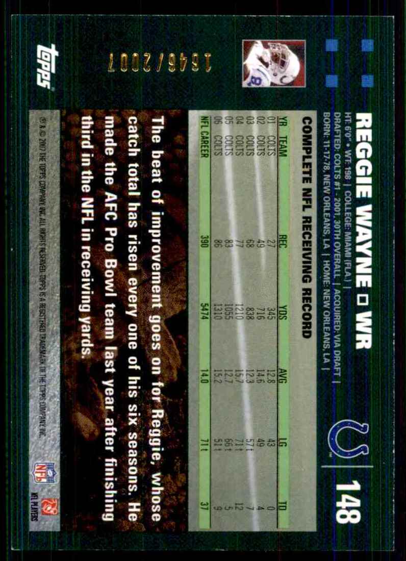 2007 Topps Copper Reggie Wayne #148 card back image