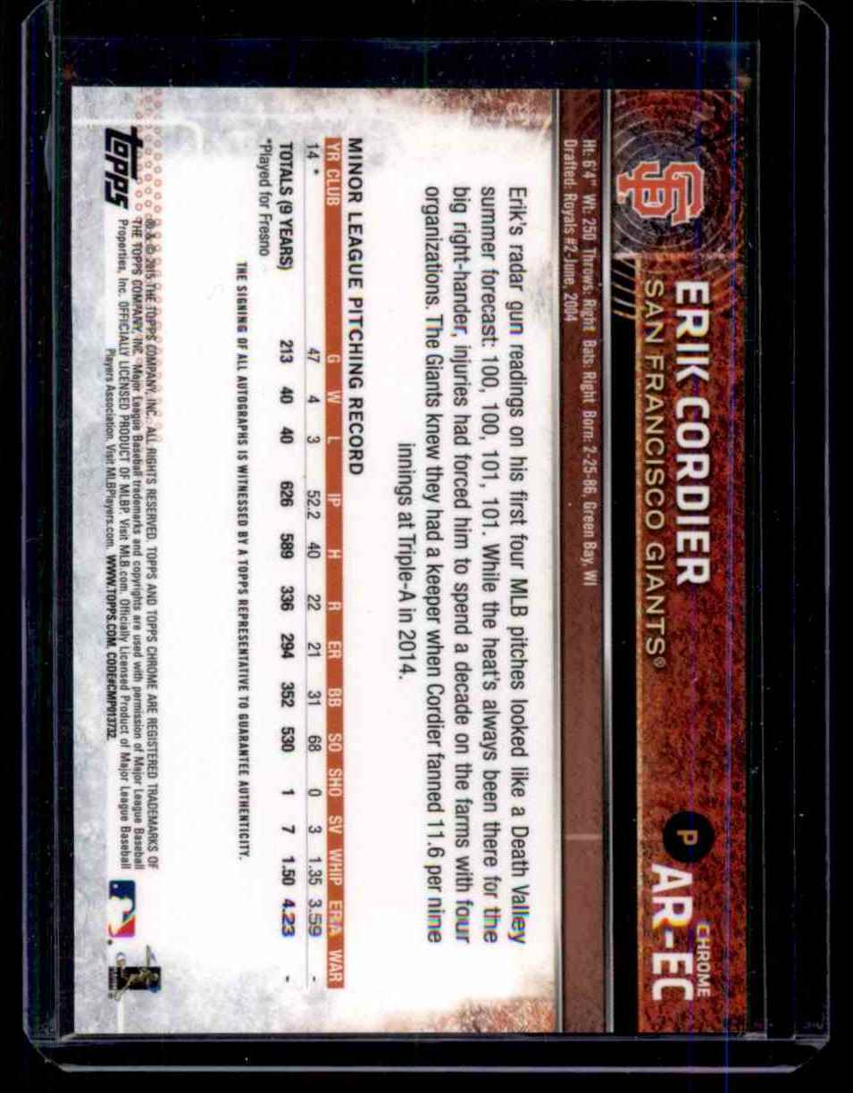 2015 Topps Chrome Rookie Autographs Erik Cordier #AREC card back image