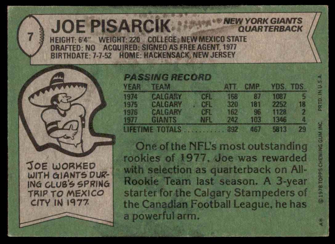 1978 Topps Joe Pisarcik #7 card back image