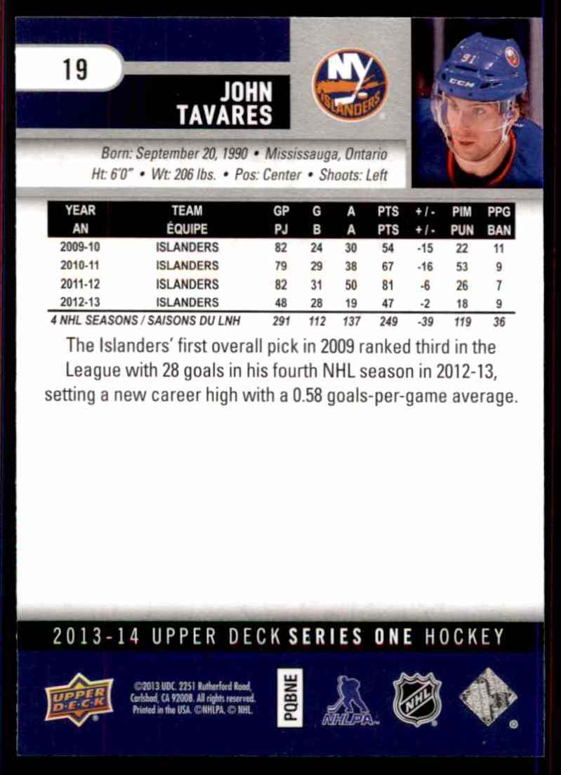 2013-14 Upper Deck John Tavares #19 card back image