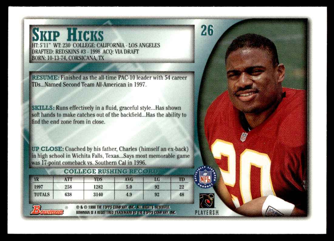 1998 Bowman Skip Hicks #26 card back image