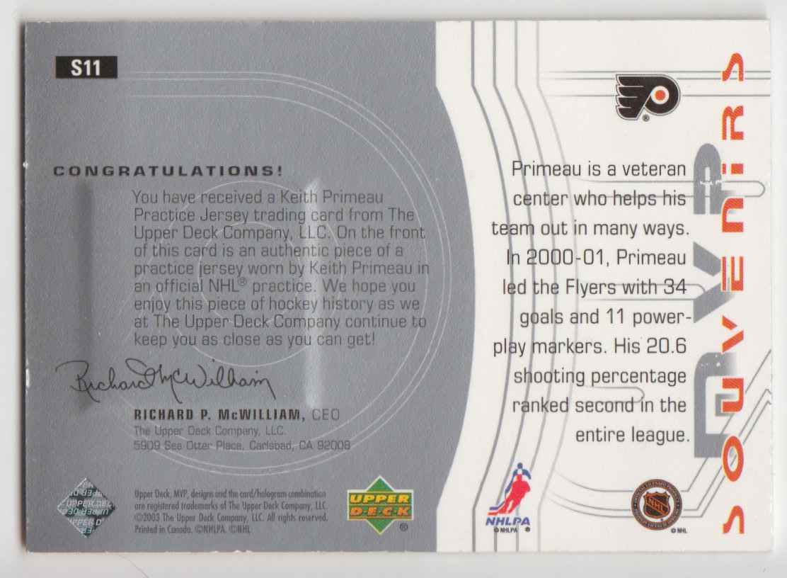 2003-04 Upper Deck MVP Souvenirs Keith Primeau #S11 card back image
