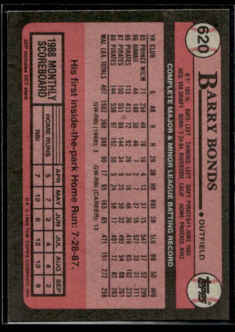 1989 Topps Barry Bonds #620 card back image