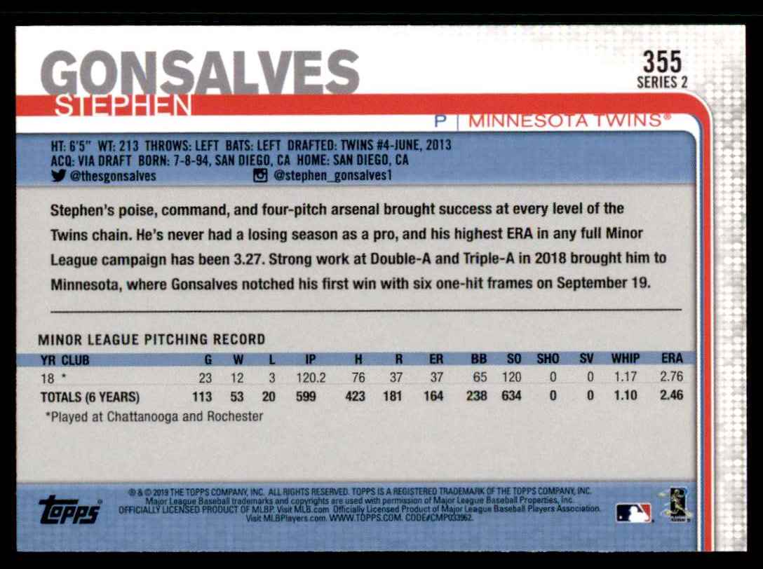 2019 Topps Stephen Gonsalves #355 card back image