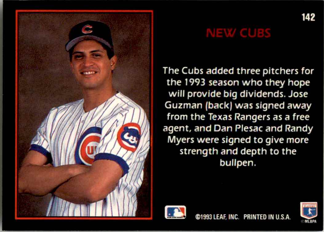 1993 Baseball Leaf Triple Play Jose Guzman/Dan Plesac/Randy Myers #142 card back image