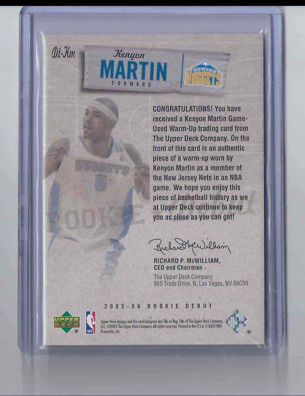 2005-06 Upper Deck Rookie Debut Threads Kenyon Martin #KM card back image