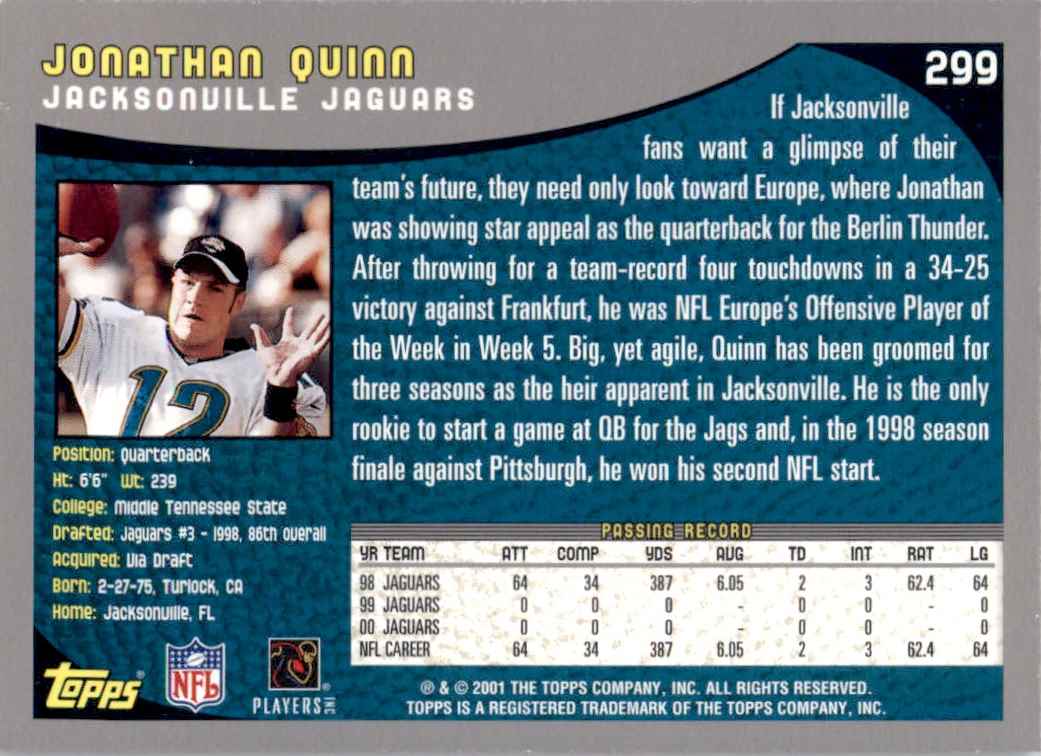 2001 Topps Jonathan Quinn #299 card back image