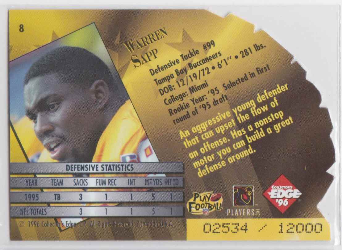 1996 Collector's Edge President's Reserve New Regime Warren Sapp #8 card back image