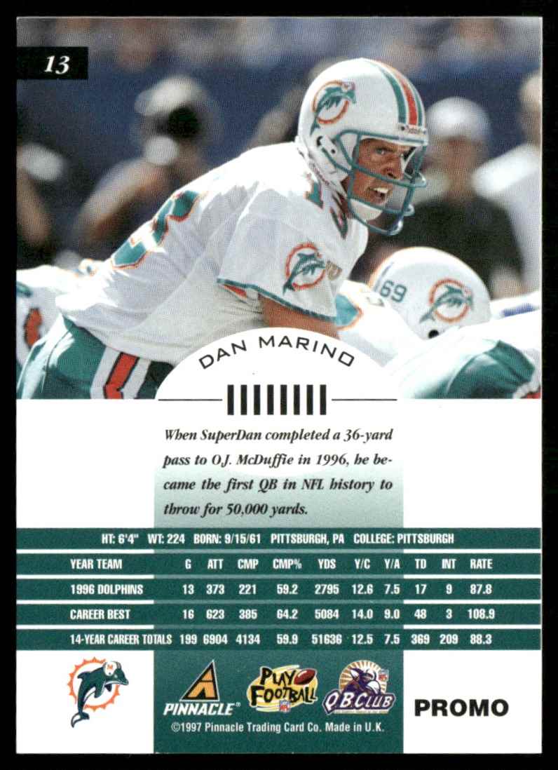 1997 Pinnacle Inscriptions Promo Dan Marino #13 card back image