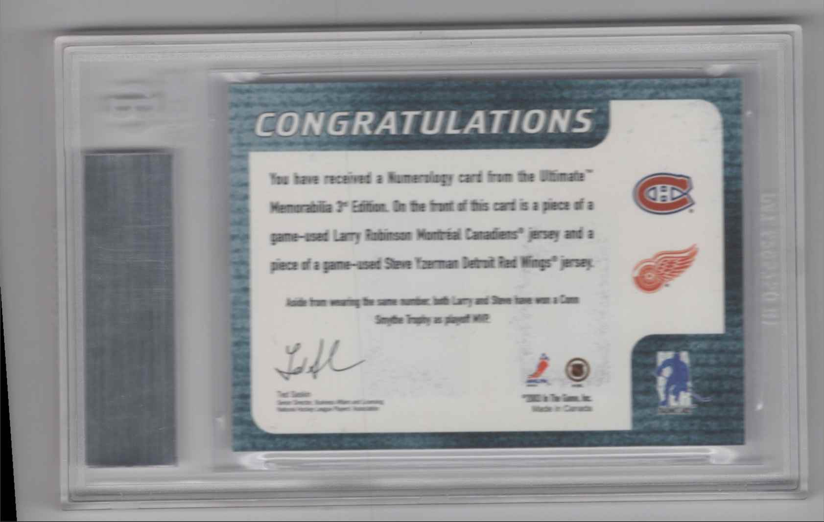 2002-03 ULTIMATE MEMORABILIA NUMEROLOGY /40 STEVE YZERMAN LARRY ROBINSON card back image