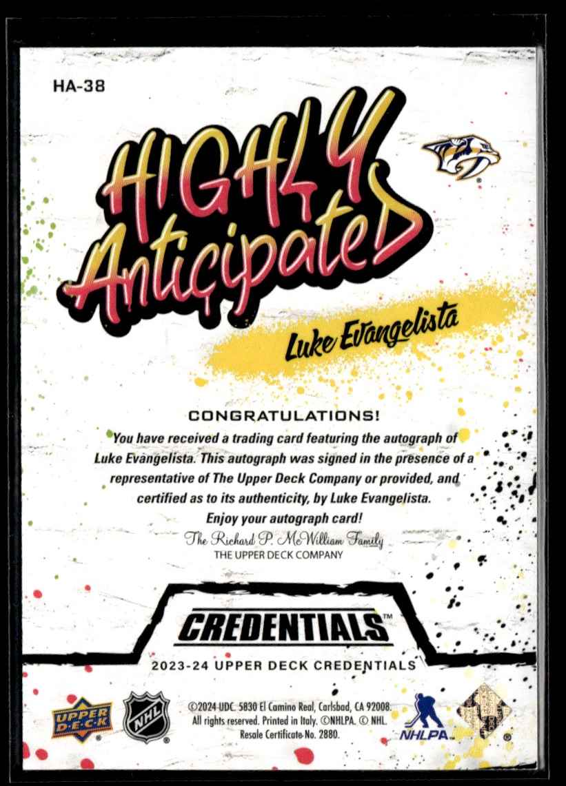 2023-24 Upper Deck Credentials Highly Anticipated Auto Luke Evangelista #HA-38 card back image