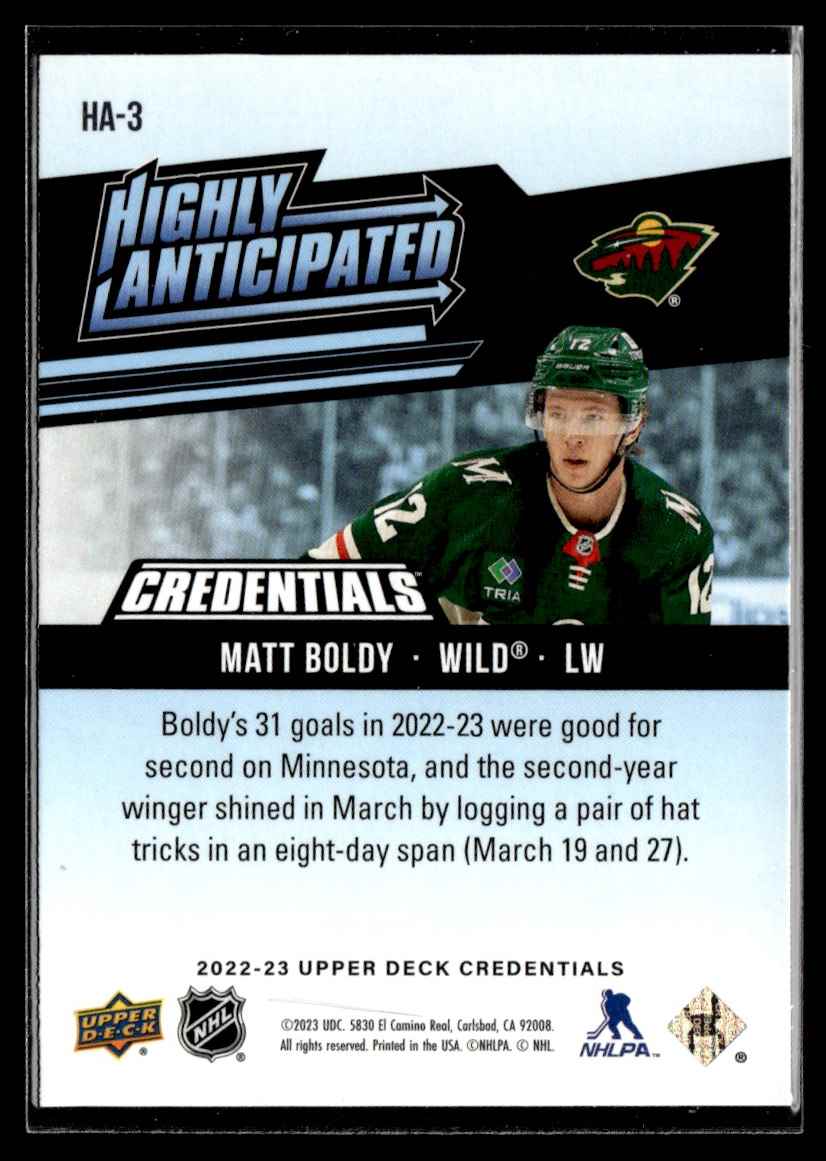 2022-23 Upper Deck Credentials Highly Anticipated Matt Boldy #HA-3 card back image