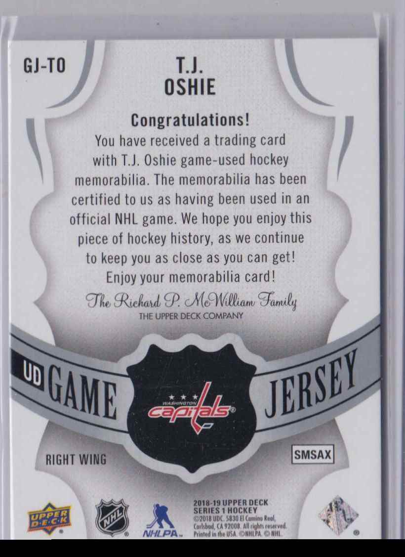 2018-19 Upper Deck Game Jerseys T.J Oshie #GJ-TO card back image