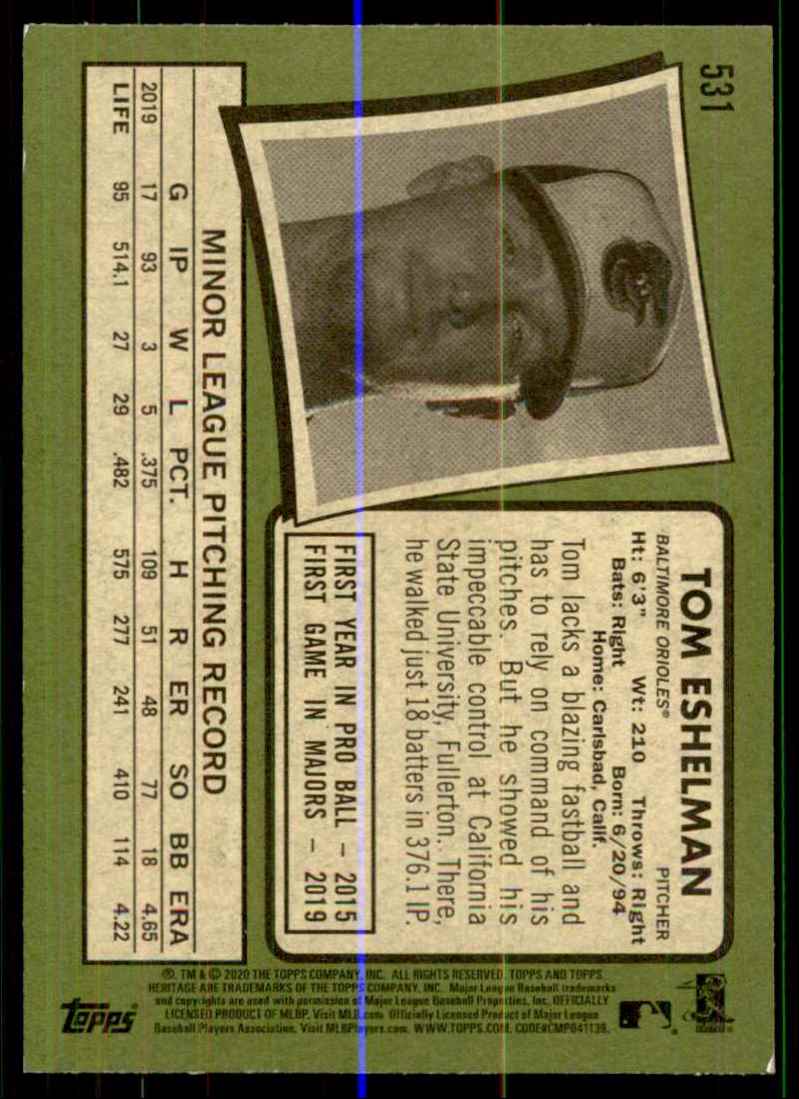 2020 Topps Heritage Tom Eshelman RC #531 card back image