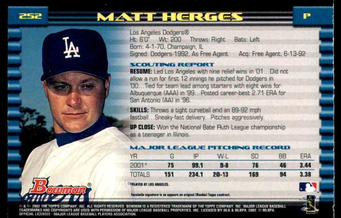 2002 Bowman Bowman Matt Herges #252 card back image